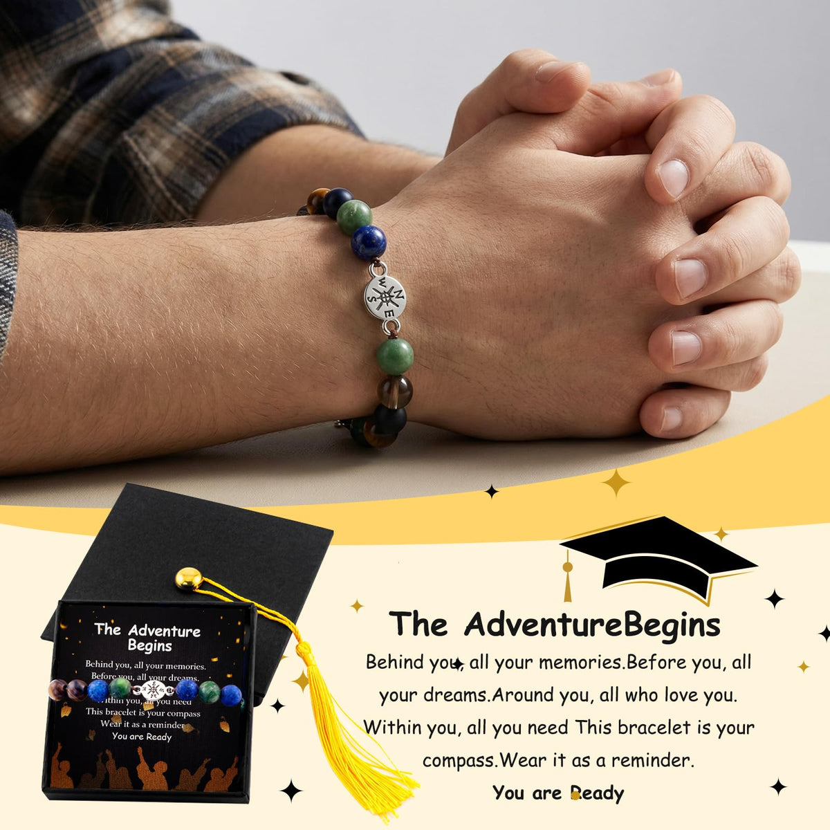 Graduation Bracelet Set 2026 for Him & Her, Natural stone Beaded Bracelet with 7 Chakra Stones or Matte Style, Compass Keychain, Card & Gift Box for High School College Grad (Minimalist Matte)