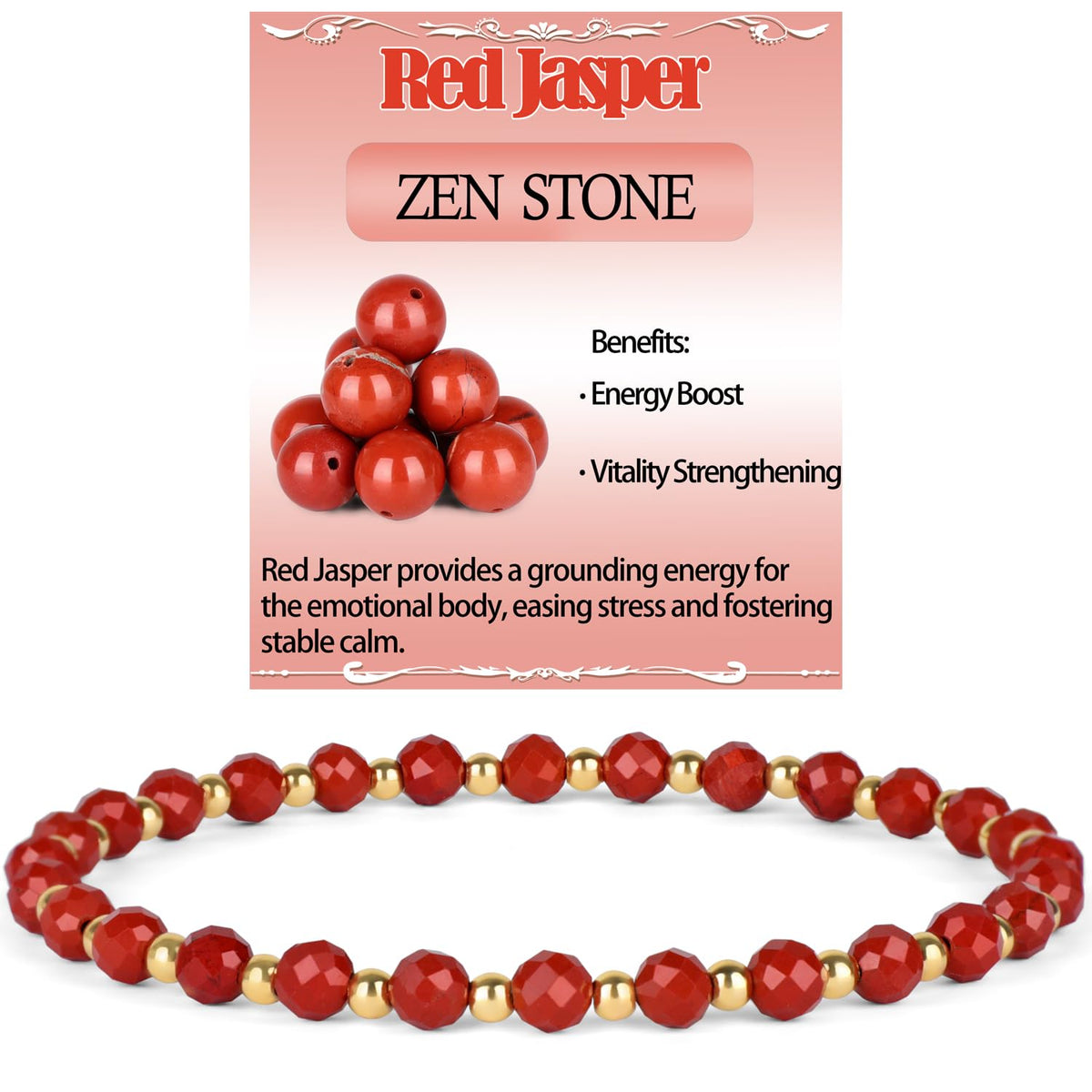 QOGIR Red Jasper - Zen Stone - 14K Gold Plated Beads Natural Gemstone Stretch Elastic Dainty Healing Beaded Bracelets Gifts 4mm