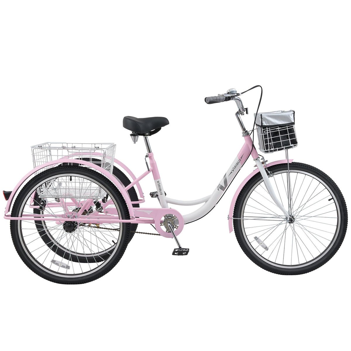 VIRIBUS Adult Tricycles for Women, Single Speed Tricycle for Adults with Front & Rear Detachable Wheeled Baskets, 3 Wheel Bikes for Adults Seniors 1 Speed, 400 lb. Capacity Three Wheeler, 26 in. Pink