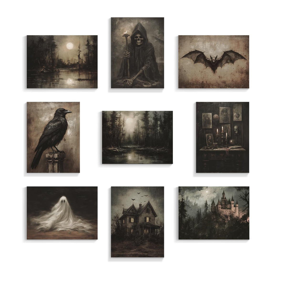 abrtolpffo Halloween Wall Art Halloween prints 9 Pieces 8x10in Dark Academia Wall Decor, Spooky Ghost Witch Raven Bat Haunted House Pictures, Dark and Moody Forest Landscape Art Gothic Decor