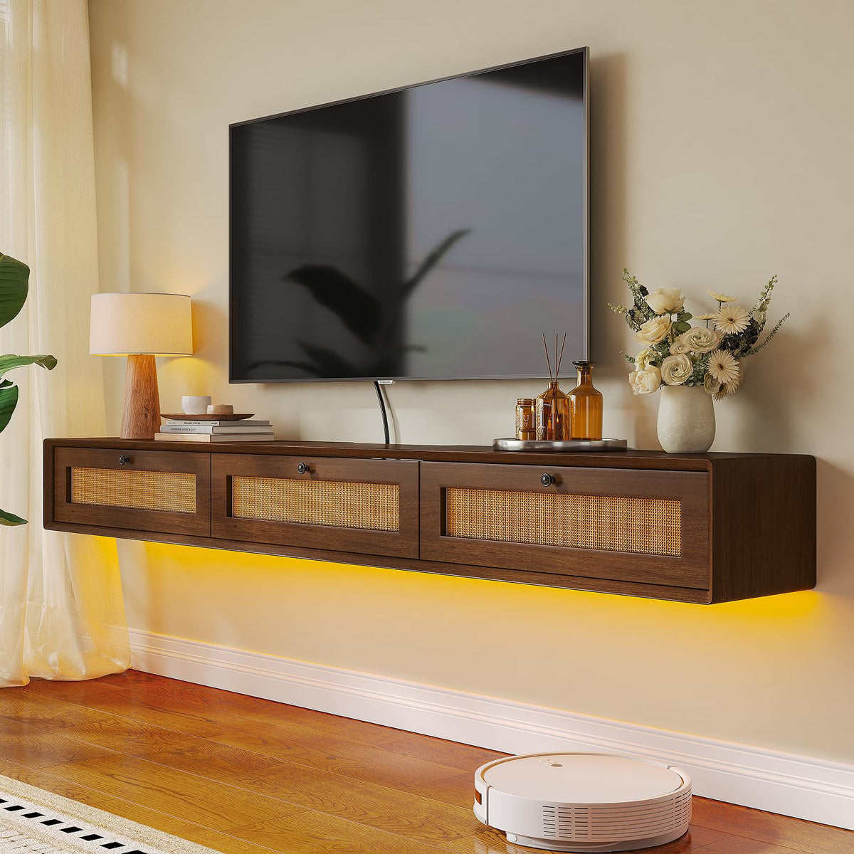 FurniNova 78'' Floating TV Stand with Rattan Doors, Wall Mount TV Console Cabinet, Fully Assembled Floating Entertainment Center, Matte Finish, Plywood Media Cabinet for Living Room