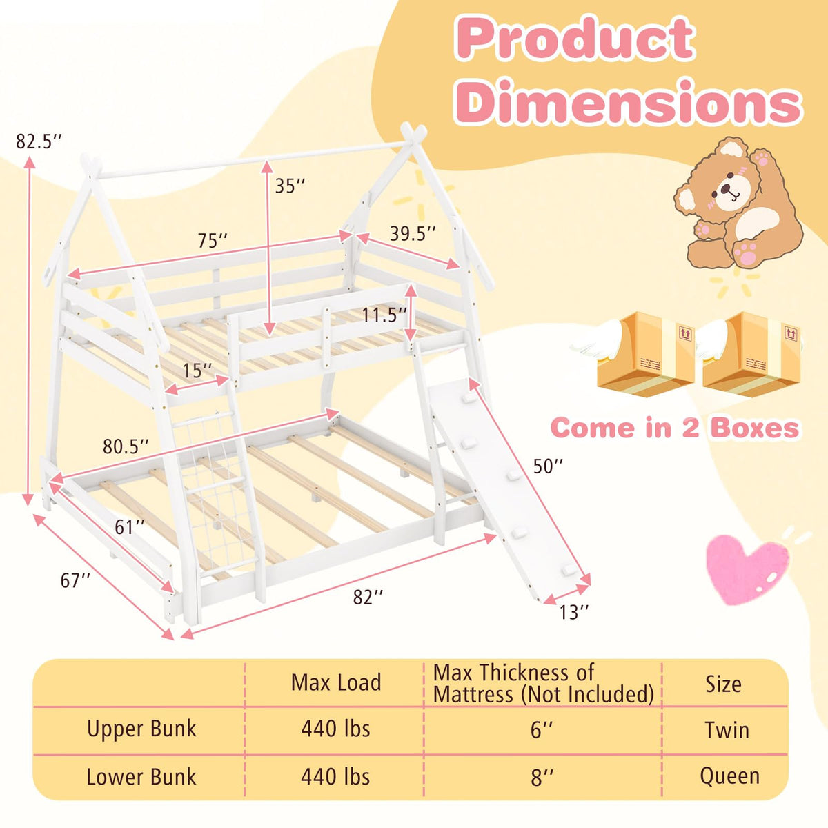 Giantex Twin Over Queen Bunk Bed, Wood House Bunk Bed for Kids with Climbing Nets and Ramp, Floor Queen Size Bunk Beds with Safety Guardrail, No Box Spring Needed, for Boys Girls Adults (White)