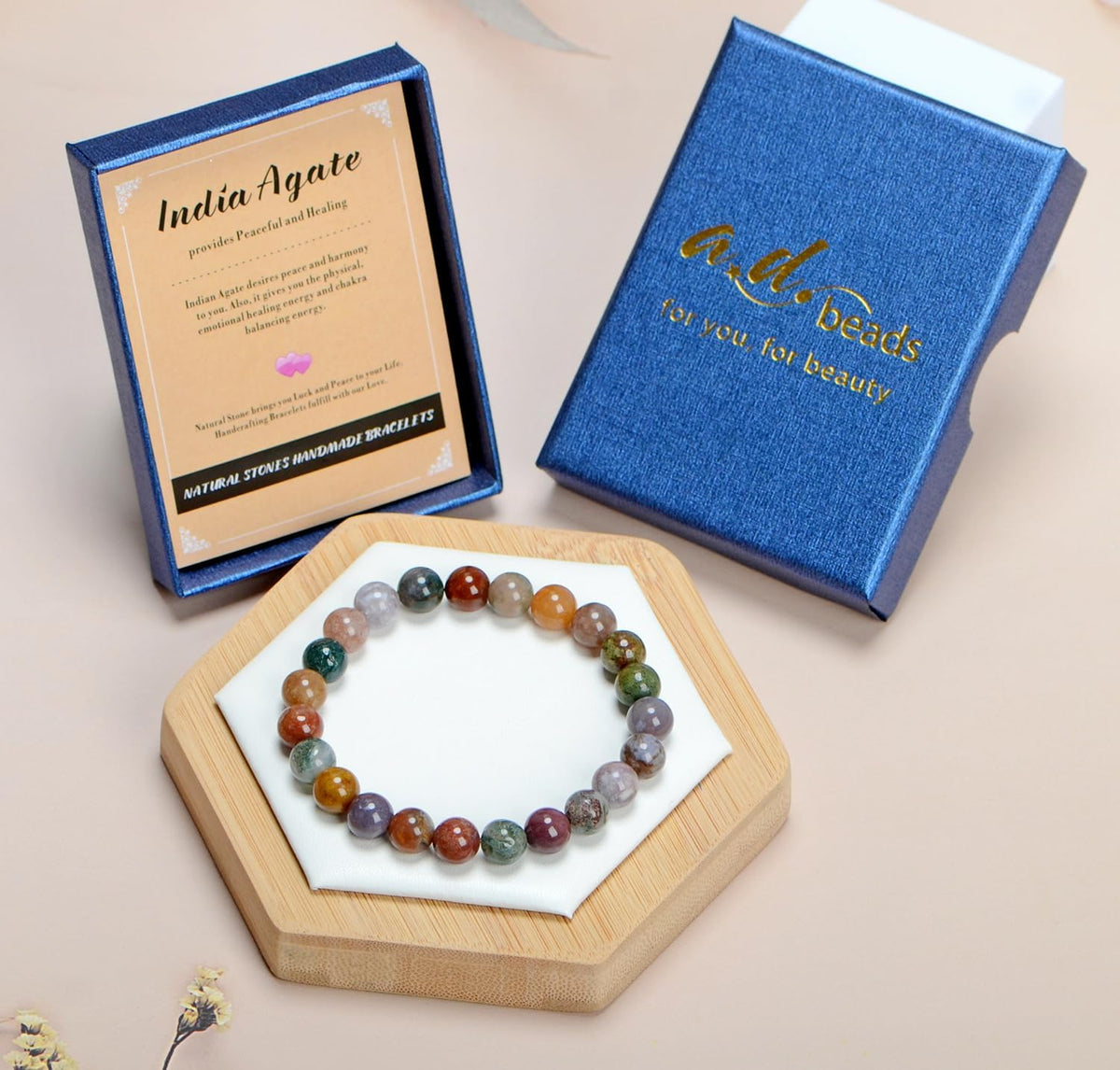AD Beads Handmade Gemstone Stretch Elastic Bracelet Crystal Healing Reiki Nature's Beauty and Spiritual Essence Unisex (12mm, Indian Agate)