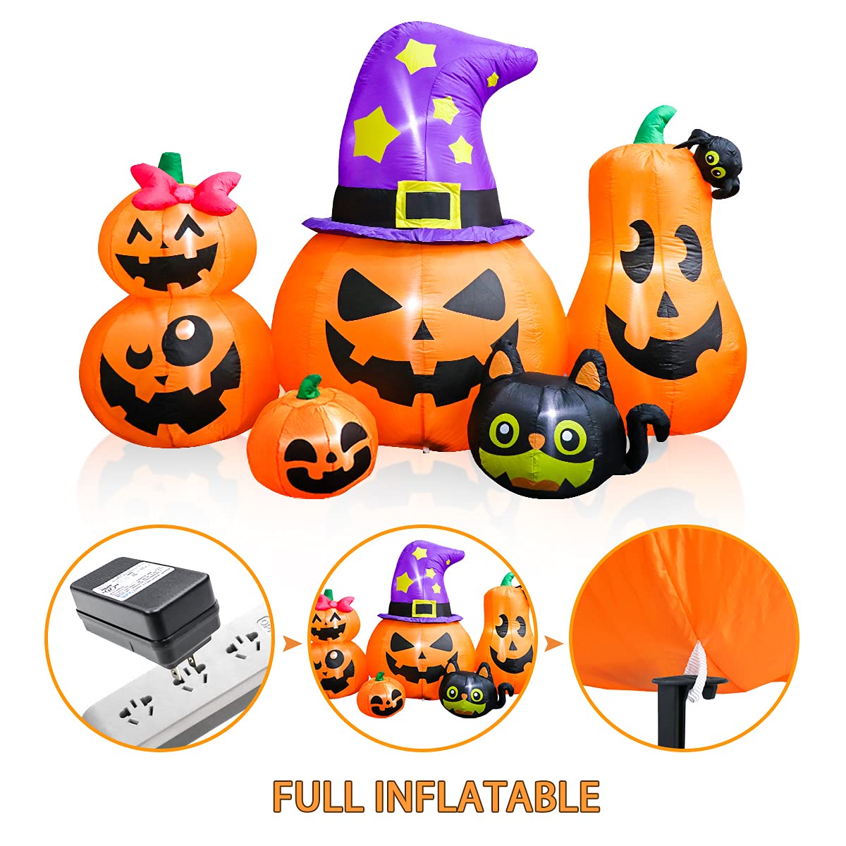Meland 8FT Halloween Inflatable Pumpkins - Inflatable Halloween Pumpkin Lantern Family with Wizard Hat & Black Cat, Blow Up Outdoor Decor with Built-in LED Light for Yard Garden Lawn