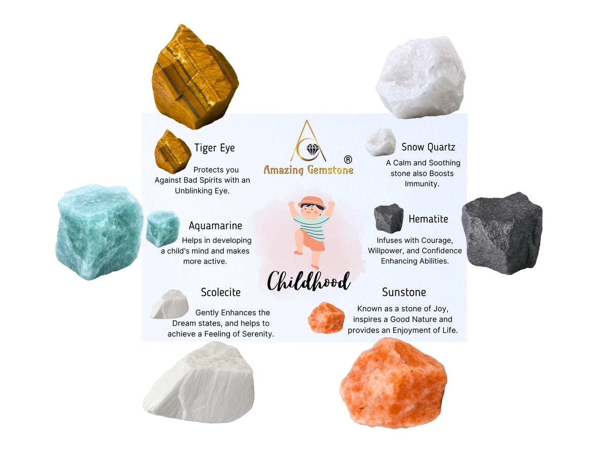 Amazing Gemstone Crystals for Children, Set of 6 Tiger Eye, Aquamarine, Snow Quartz, Hematite, Scolecite and Sunstone Healing Crystals and Stones
