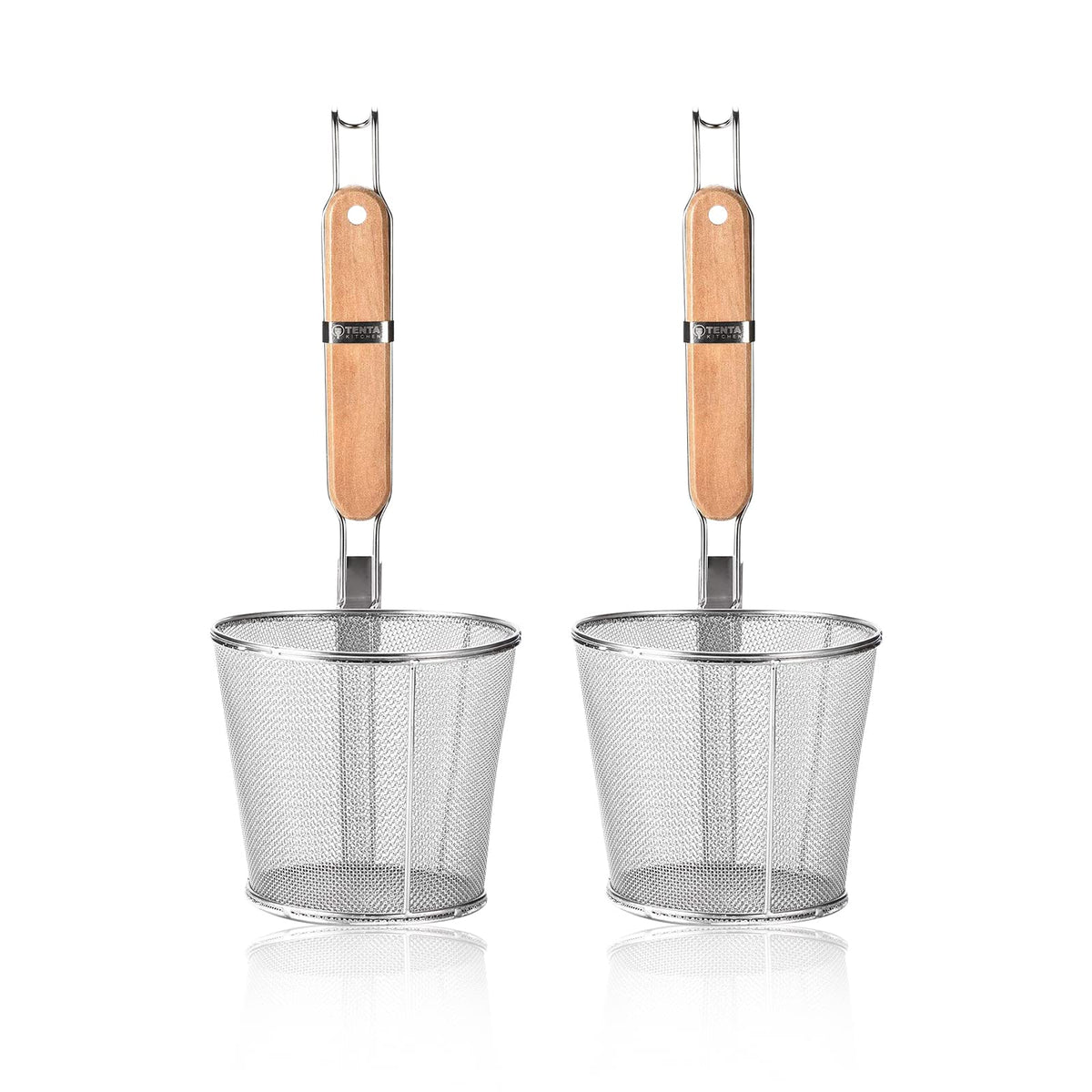 2 Pieces Pasta Strainer Basket Stainless Steel Fine mesh Pasta Strainer Basket with Wooden Handle Good For Boiling Food Spaghetti Dumpling (Dia 5.5inch/14cm)