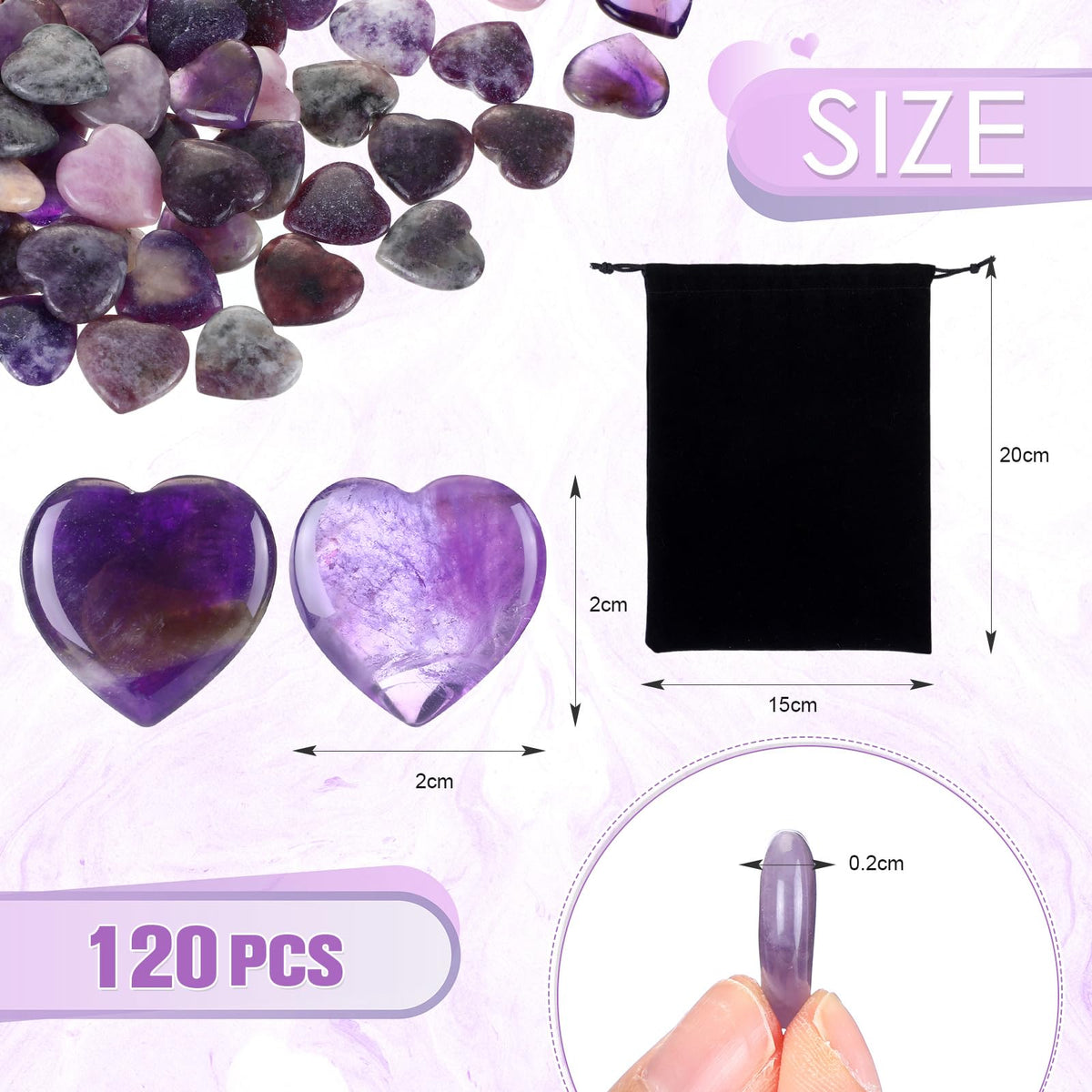 Ecation 120 Pcs Heart Quartz Bulk Crystals Stone Bulk Natural Polished Stone Heart Love Carved Healing Worry Crystal with Flannel Bag for Women Gifts(Amethyst)