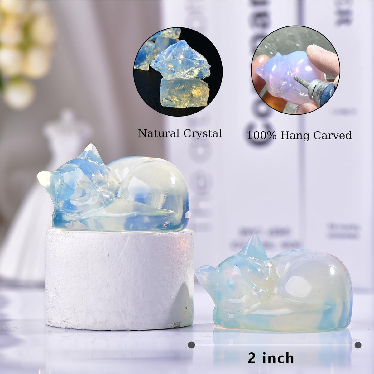 Ytbeoxk 2.1 Inch Opal Cat Crystal Statue, Healing Crystal Sleeping Cat Gemstones Decorations, Lucky Cute Kitten Figurines, White Cat Gift Home Office Desk Decor for Women and Men