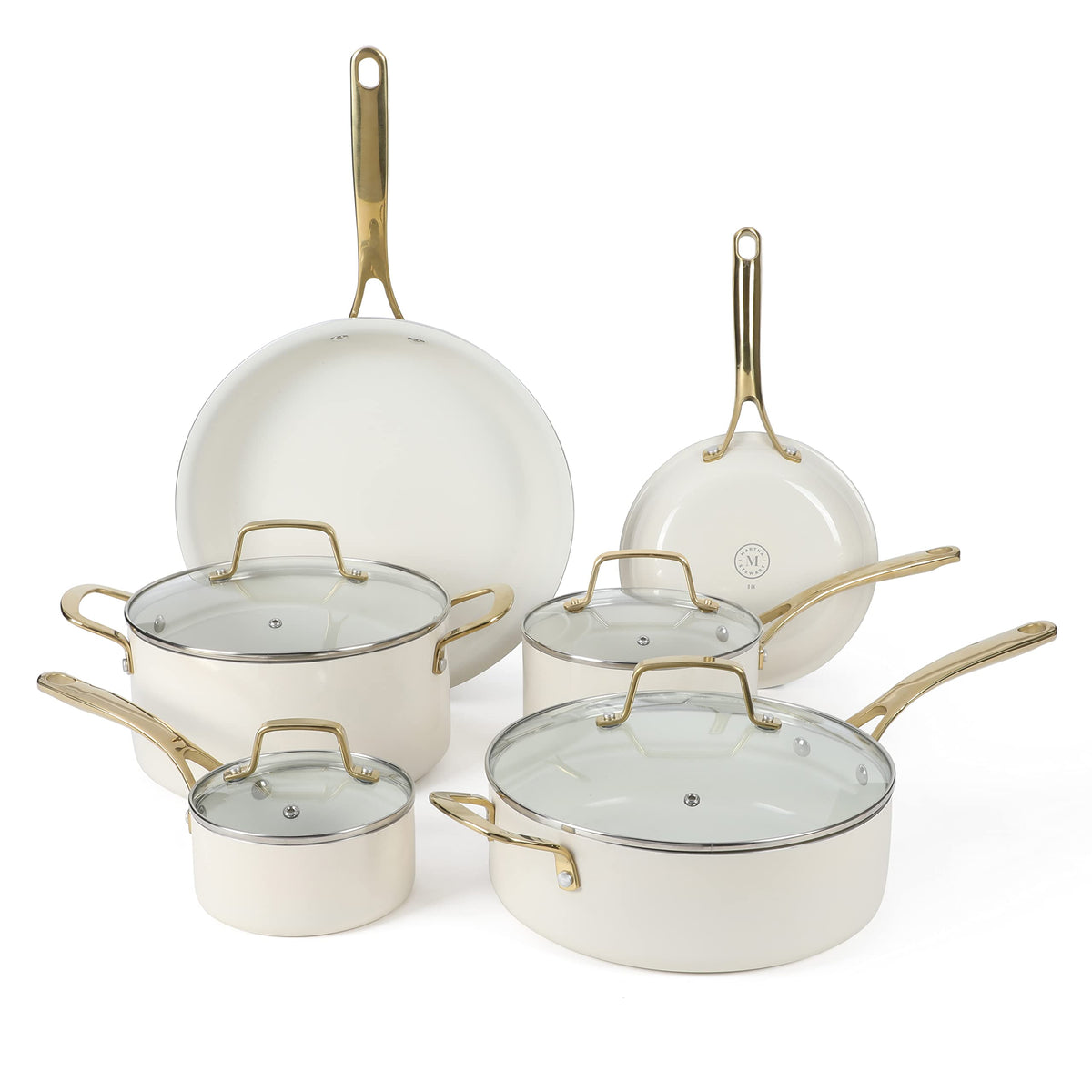 Martha Stewart Lockton Premium Nonstick PFA Free Ceramic Interior 10 Piece Heavy Gauge Enamel Aluminum Pots and Pans Cookware Set - Linen White w/Gold Handle & Gatwick 7 QT Enamel Cast Iron Dutch Oven