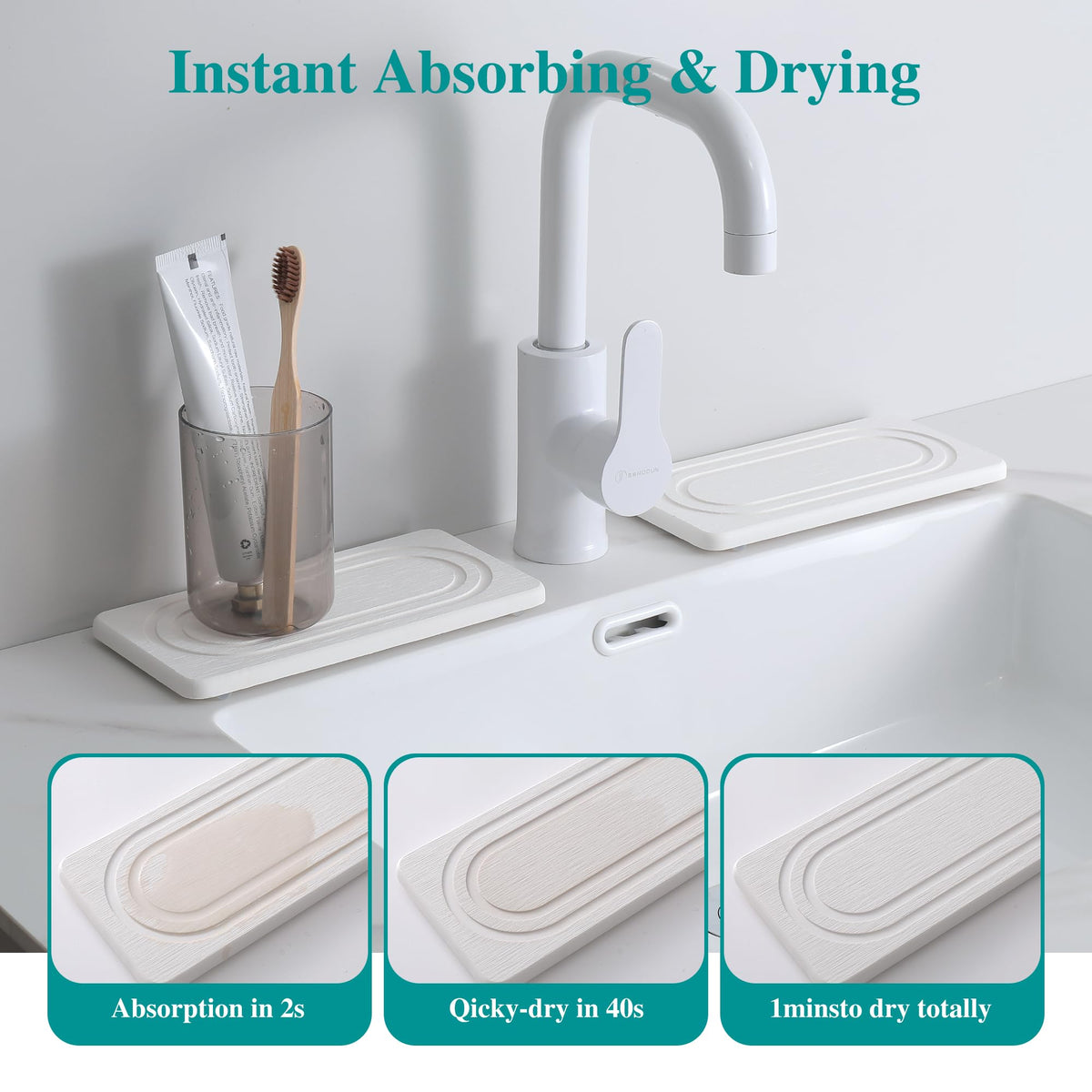 2PCS Water Absorbing Stone Tray for Sink, Quick Drying Diatomite Bathroom Tray Countertop, Stone Drying Mat for Kitchen Counter Faucet, Soap Dish Dispenser Vanity Organizer, White-7.9" x 4"