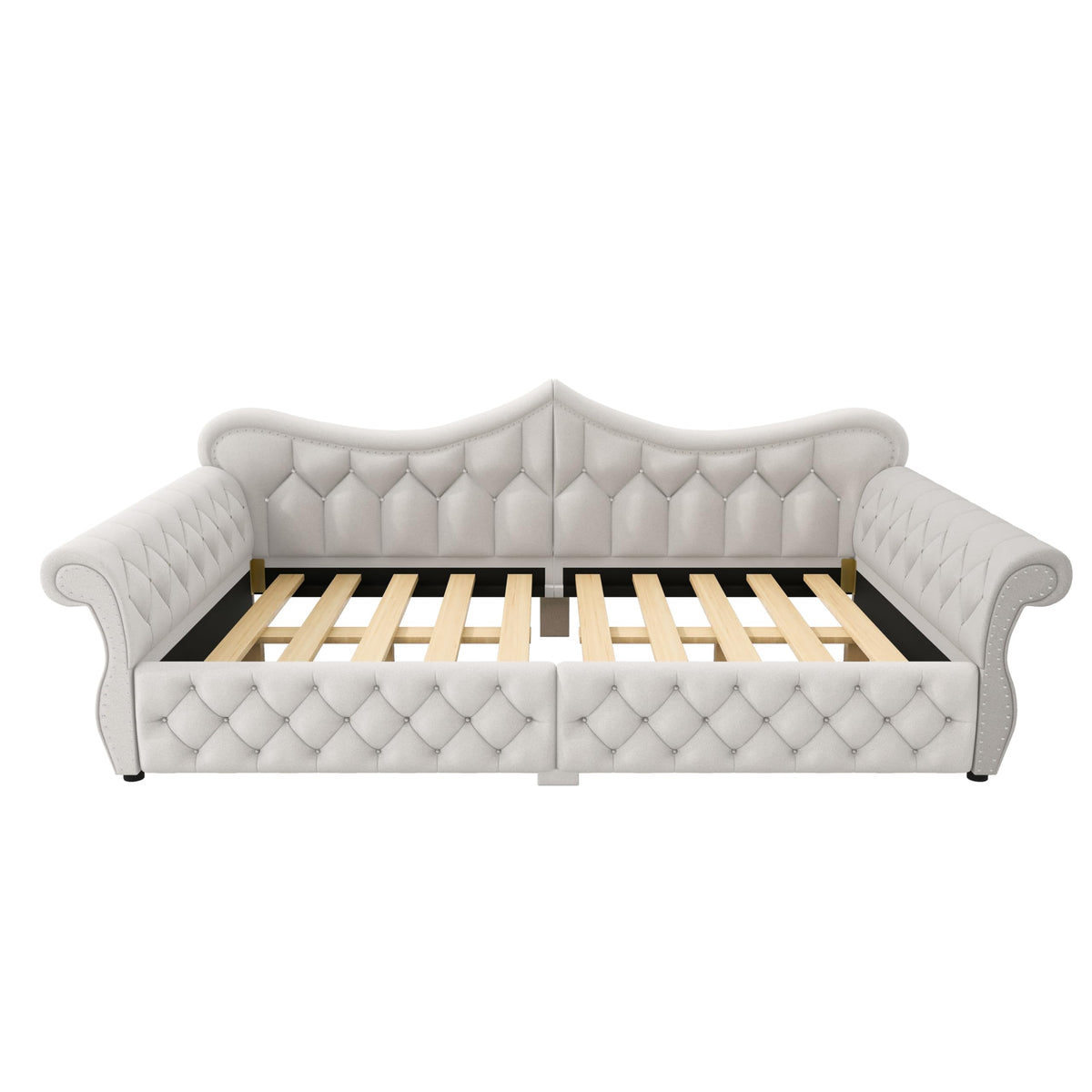 Merax Queen Size Upholstered Daybed with LED Lights, Convertible Sofa Bed, Tufted Daybed with Nailhead Trim, Wooden Frame Guest Bed for Living Room Bedroom, Beige