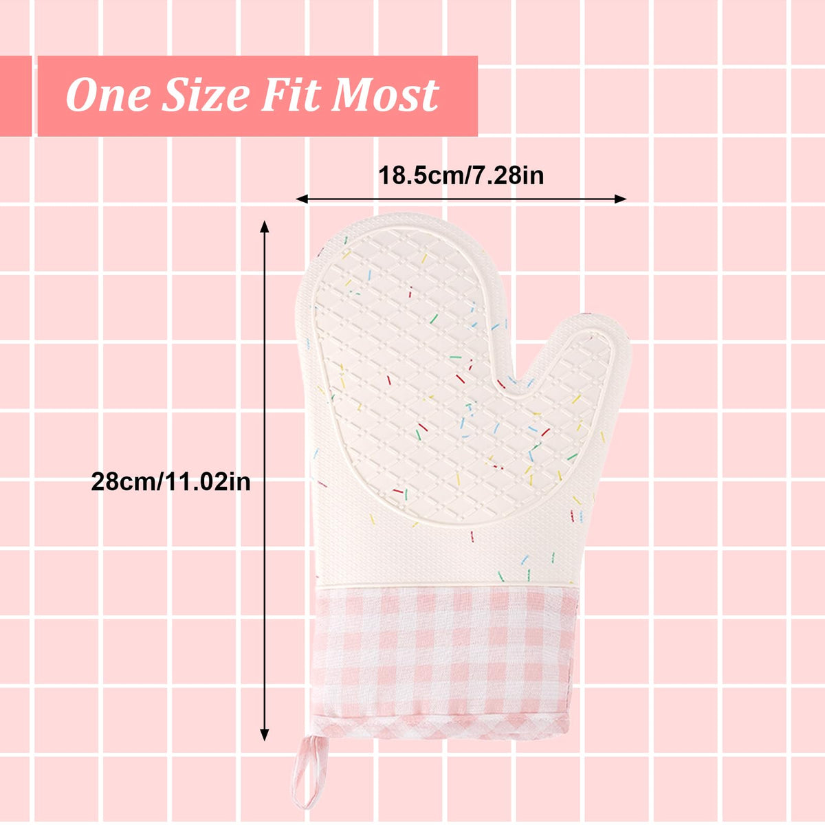 Wanheart Silicone Oven Mitts Heat Resistant, Non Slip Baking Mittens with Cotton Lining, Cute Confetti Pink Kitchen Decor for Cooking, 2-Pack