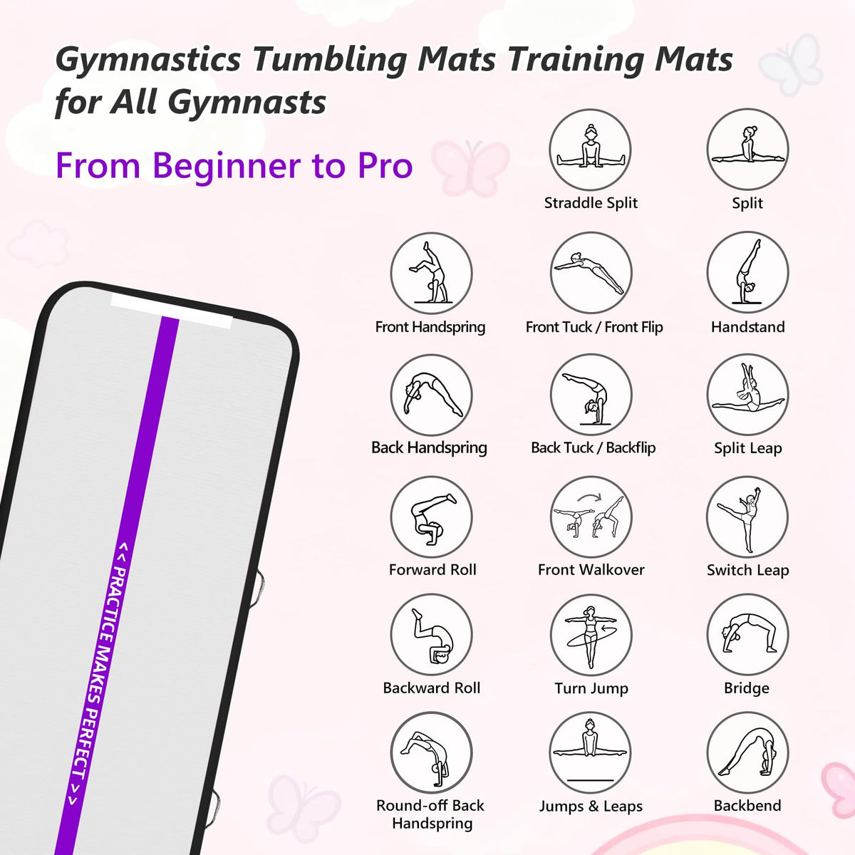16 ft VOFiTNY Inflatable Gym Mats 4'' Thick Air Mat Tumble Track for home/gymnastics/cheer/tumbling