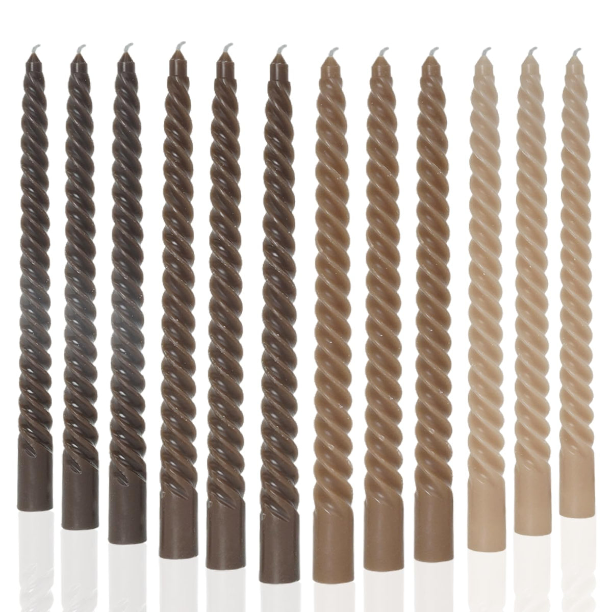 MAITREYA Brown Taper Candles Stick Spiral Twisted Candles-Set of 12 for Decoration Weddings Party Church-Unscented Dripless Candles,10inch(F-Gradient Brown)