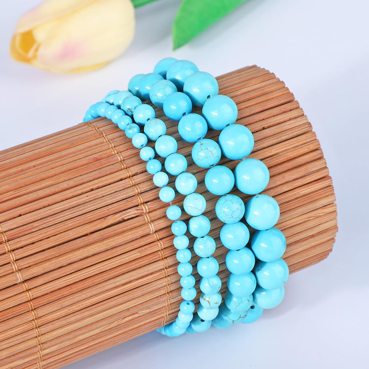 AD Beads 4mm Handmade Blue Turquoise Elastic Bracelet – Natural Gemstone for Great Wisdom – Meditation, Yoga, Healing and Energy Gift for Men Women