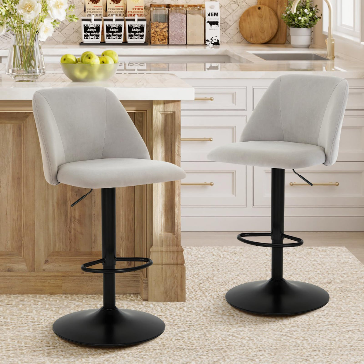 COLAMY Bar Stools Set of 4, Modern Swivel Bar Chairs, Adjustable Upholstered Barstools Counter Height with Full Backrest for Bar, Dining Room, Kitchen Island, Grey