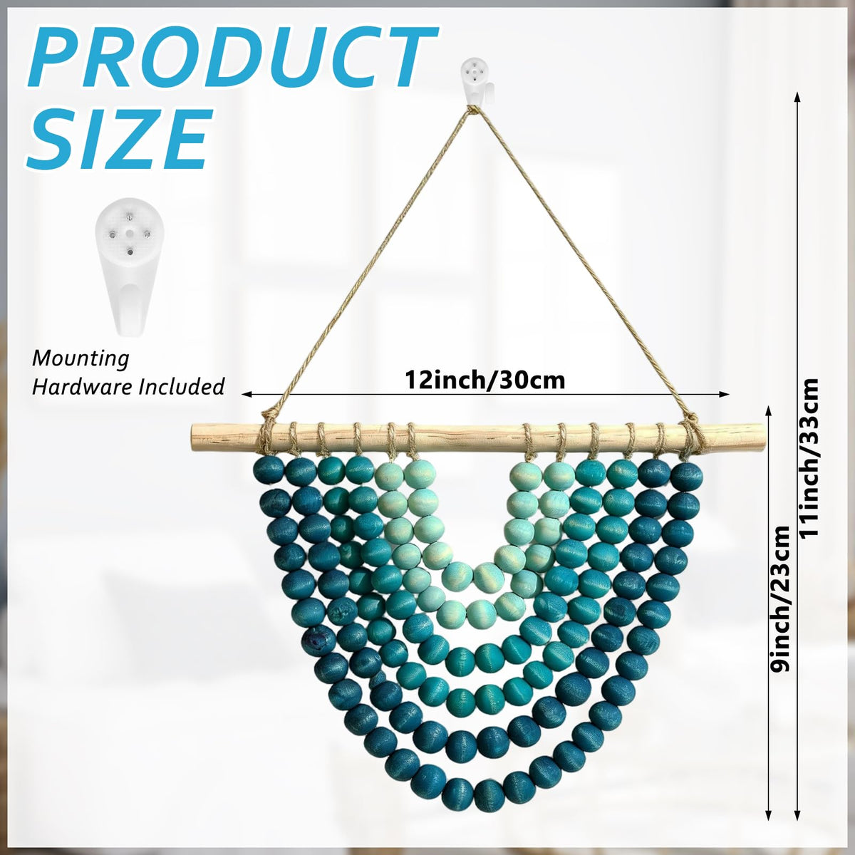 Boho Chic Wooden Bead Garland Wall Hanging Tapestry, Handcrafted Home Décor Inspired by Nature, Suitable for Living Room, Bedroom, Entryway, Nursery, Apartment & Dorm (Coastal Breeze Ombre, 12 inches)
