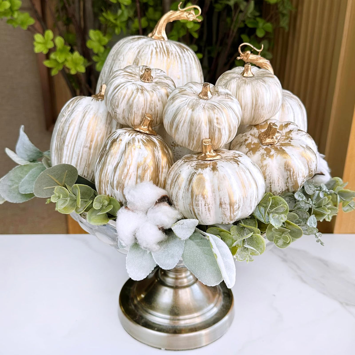 Winlyn 10 Pcs Assorted Fall Artificial Pumpkins - Gold & White Decorative Foam Pumpkins for Wedding, Thanksgiving, Halloween, Baby Shower, Tabletop, Centerpiece, Mantel Decor