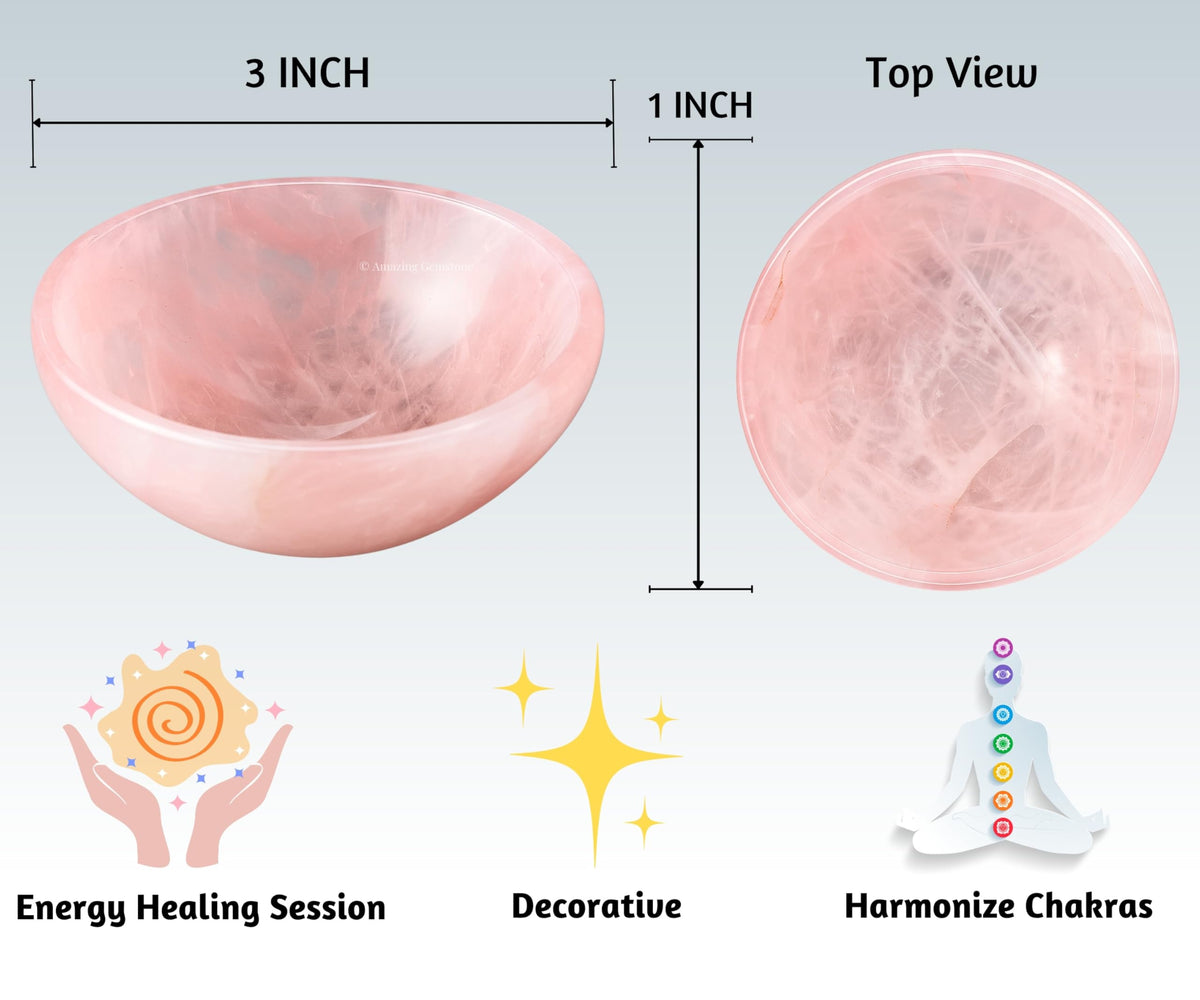 Rose Quartz Crystal Bowl - 3 Inch Decorative Bowls for Room and Home Decor - Gemstone Healing Crystals for Elegant Display, Positive Energy Balance and Gift