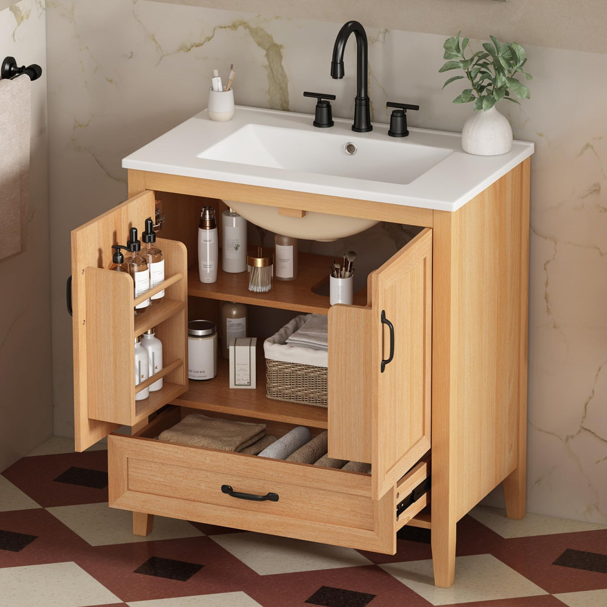 Christopher Knight Home Tessa 30" Bathroom Vanity with Ceramic Sink, Wooden Storage Cabinet with Adjustable Interior Shelf, Bathroom Organizer with Soft-Close Double Doors & Bottom Drawer, Wood