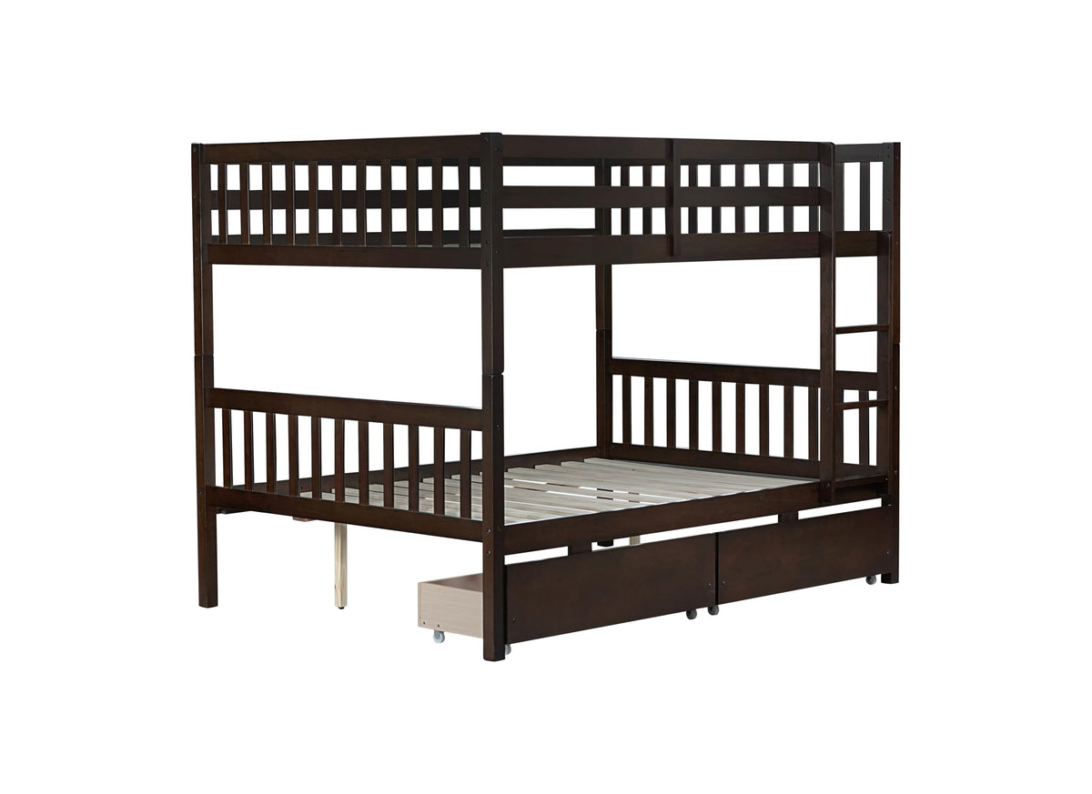 PVWIIK Full Over Full Wood Bunk Bed with 2 Drawers & Ladder for Adult Teenagers Kids Bedroom Dorm Guest Room,Convertible into 2 Full Beds Frame/Under Bed Space/No Box Spring Required,Espresso