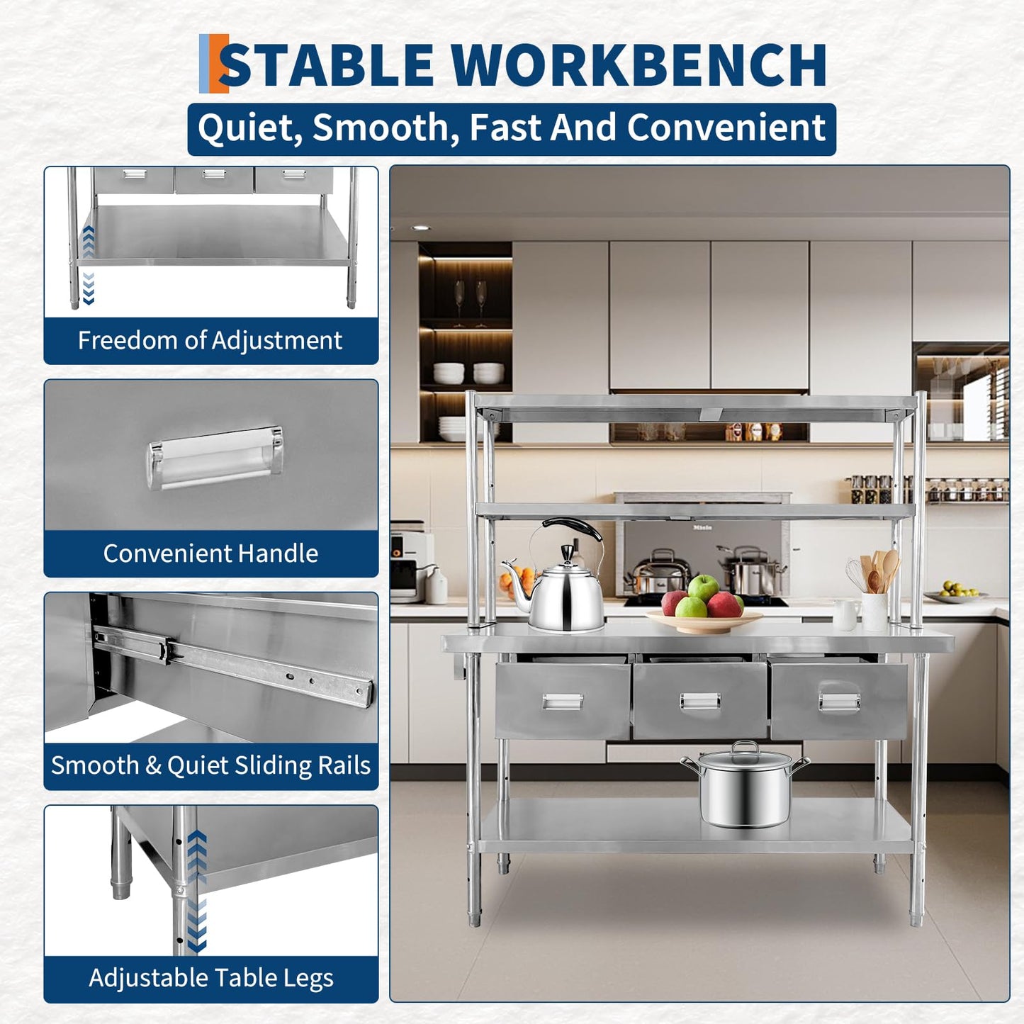 Garvee Stainless Steel Table with Drawers, 48" x 24" Commercial Work Tables with Undershelf, Metal Kitchen Prep Table for Home Restaurant Garage, Commercial Workbench