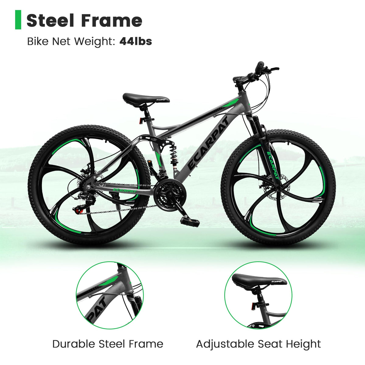 Ecarpat Full Suspension Mountain Bike 26 Inch Wheel, 21 Speed Mountain Bicycle with High-Carbon Steel and Dual Disc Brakes, Outdoor Cycling MTB Bike for Men Adult, Gray