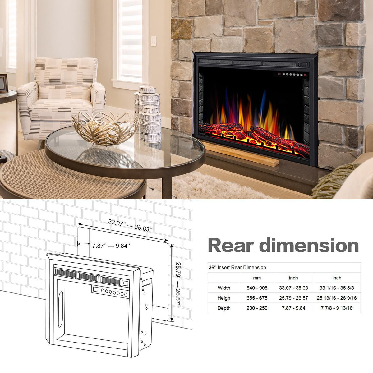 ELECTACTIC 36" Electric Fireplace Insert,Recessed Electric Stove Heater,Touch Screen,Remote Control,750W-1500W with Timer & Colorful Flame Option (36" X 27")