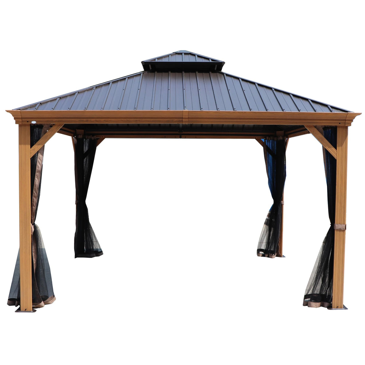 Kozyard Apollo 12’x12’ Hardtop Gazebo, Wooden Coated Aluminum Frame Canopy with Galvanized Steel Double Roof, Outdoor Permanent Metal Pavilion with Netting for Patio Lawn