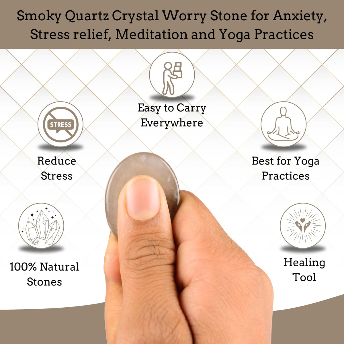 Anaya Agate Smoky Quartz Worry Stones Certified Crystal Thumb Worry Stone for Anguish, Relaxing and Soothing Balance Stones for Meditation, Stress Relief Crystals and Healing Stones for Men, Women