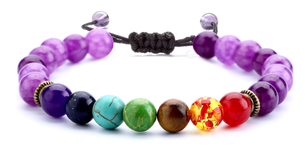 Hamoery 8mm Lava Rock 7 Chakras Beads Bracelet Gifts Braided Rope Natural Stone Yoga Bracelet Bangle (Amethyst Bead)
