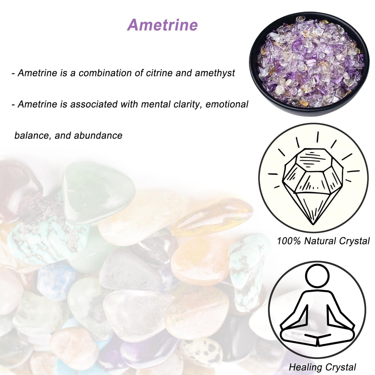 Erliway 100g Natural Ametrine Crystal Chips, 7-9mm Tumbled Chips Crushed Crystal Stone, Polished Crystal Chip for Fish Tank, Healing Tumbled Crystal Chip for Reiki Crystal Jewelry Making Home Décor