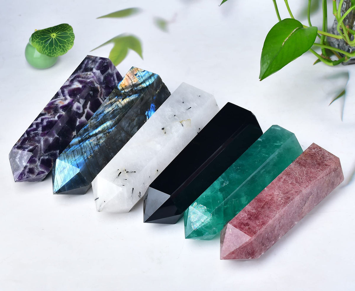 FZBHRO Large Labradorite Towers Crystal Point Obelisk 6 Faceted Healing Crystal Stone Wand for Meditation Gift 0.8-1.3 Pound