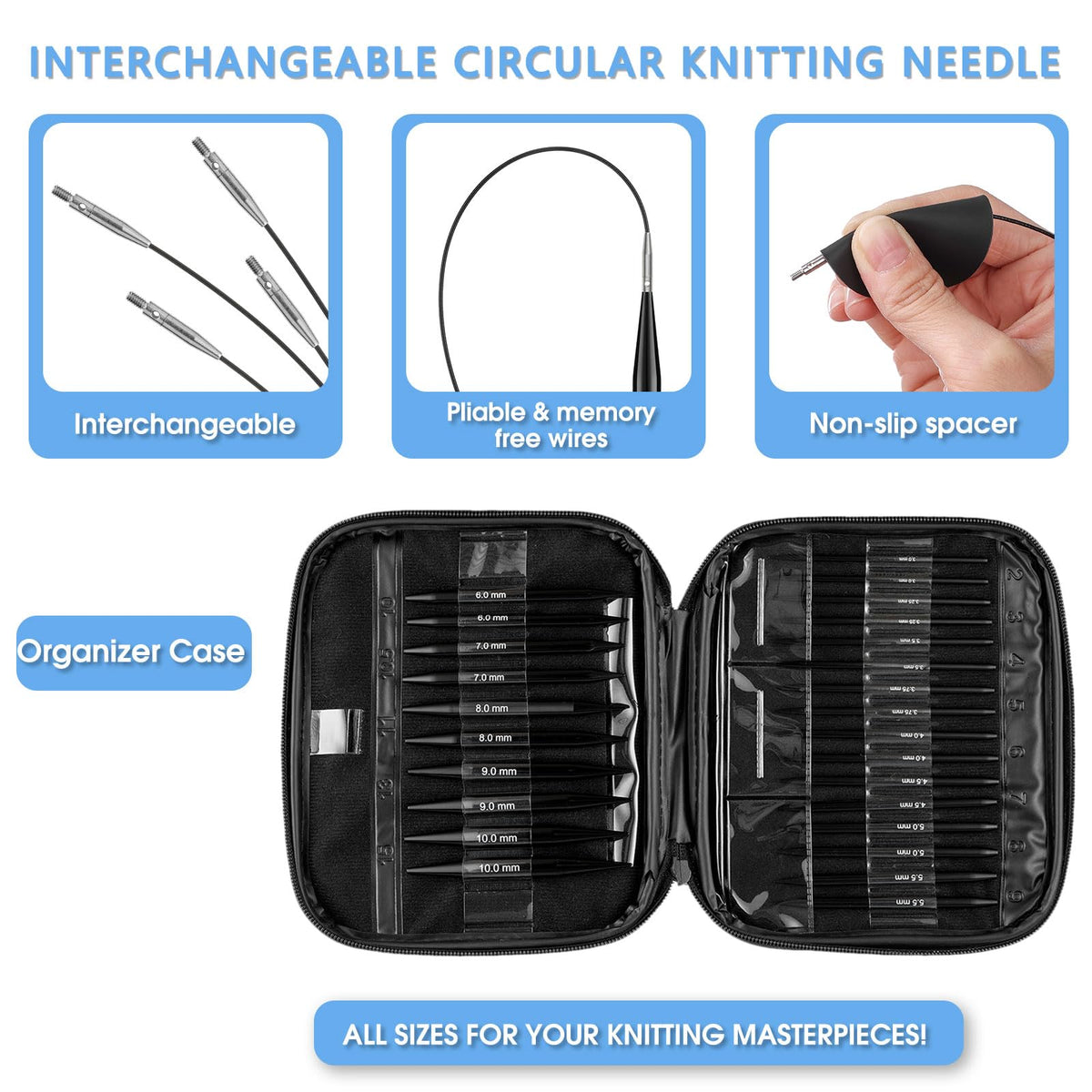 13-Pair Interchangeable Circular Knitting Needles Set, 4" Aluminum US 2.5-15 (3-10mm) with 4 Cables & Accessories | Ideal Gift for Knitters & DIY Projects