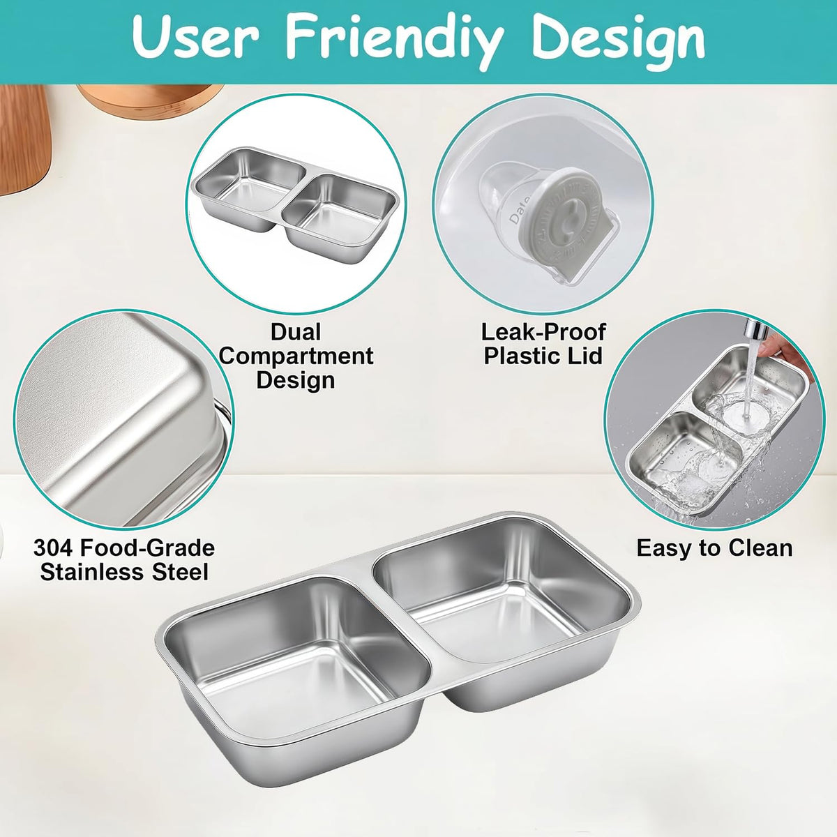BSTUR 6 Pack Stainless Steel Snack Containers, 2 Compartment Reusable Metal Snack Boxes Containers with Leak-Proof Lids, Compact Lunch Box Food Storage Container