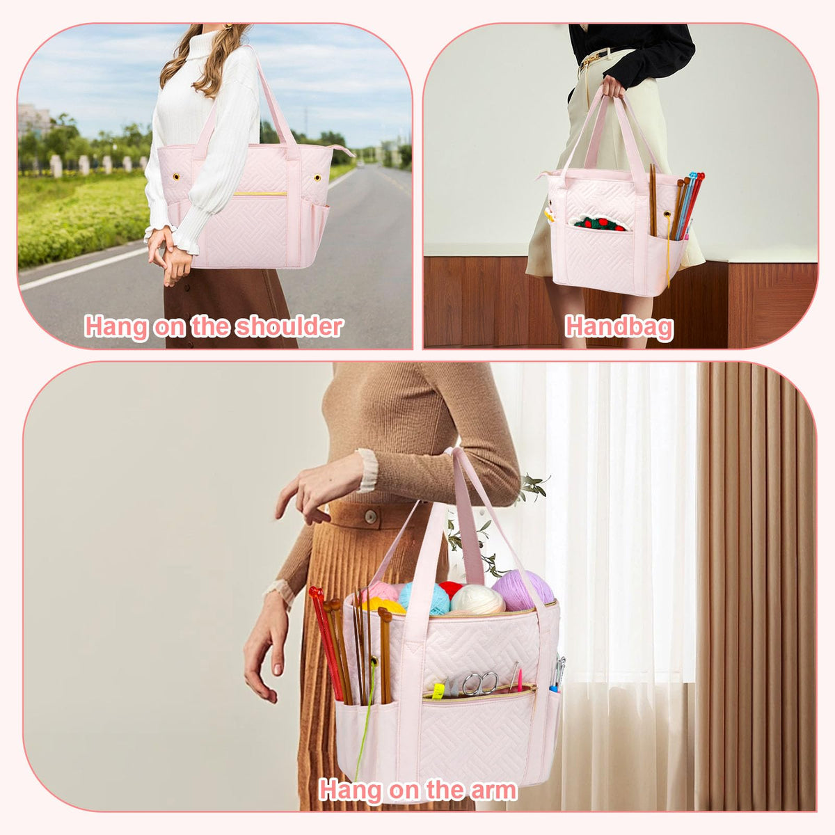 Veirdro Crochet Bag Organizer for Yarn Storage, Velvet Knitting Tote Bag with Double Handle for Crochet Accessories, Portable Travel Case for Yarn Balls, Crochet Hooks& Knitting Needles Holder (Pink)