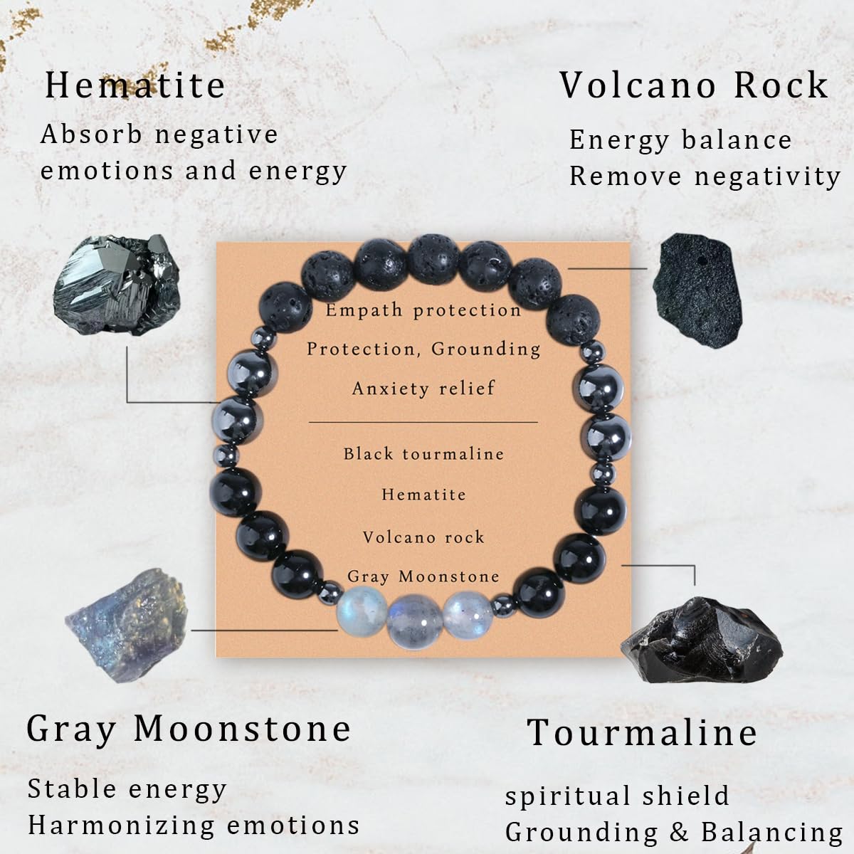 DLYFNVEV Empath Triple Protection Bracelet Black Tourmaline Hematite Moonstone Anxiety Relief Grounding Lava Rock Healing Crystal Black Beaded Balance Energy Jewelry Gifts
