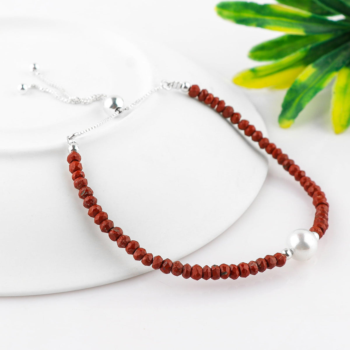 CRYSTALINES Natural Red Jasper Gemstones Beads Bolo Bracelets with Pearl, Handmade, Beaded Bracelet, Real Crystals Jewelry, Women Bracelet, Silver Plated Adjustable Chain- 6+4inch, AAA Grade