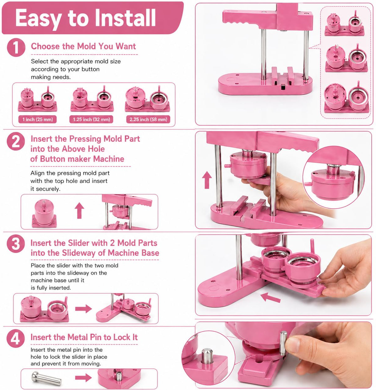 Pin Maker, Button Maker Machine, Pin Maker Machine Kit Includes 300Pcs Pins 25/32/58mm (1/1.25/2.25 inch), 3 Circle Paper Cutters, DIY Button Pin Maker, Button Badge Press Machine(Pink)