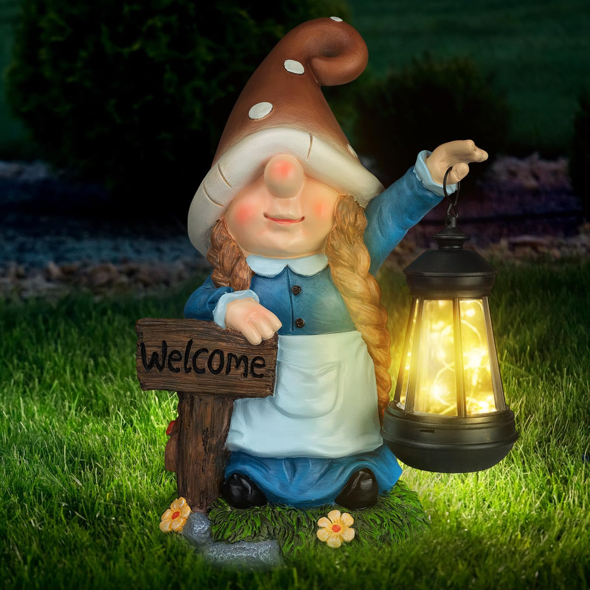 FLJZCZM Solar Large Gnome Garden Statue with Welcome Sign Outdoor Decor with LED Lantern Funy for Porch Yard Patio Lawn Ornament Christmas Housewarming Gardening Gift