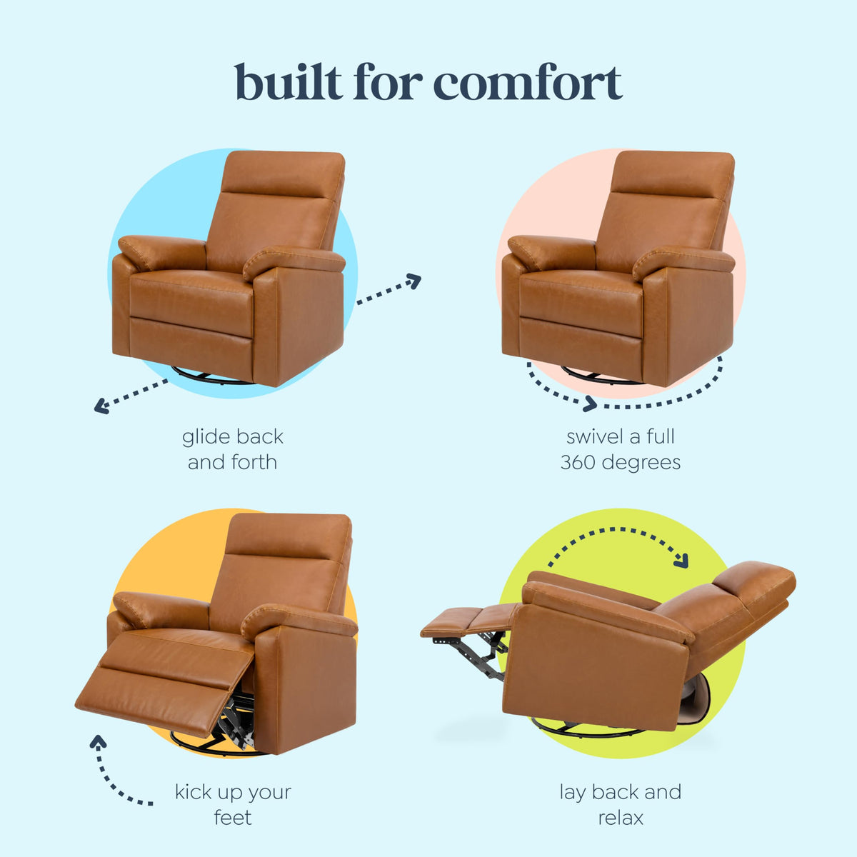 Davinci Suzy Glider Recliner Nursery Chair - Glider Rocking Chair for Nursery and Living Room - GREENGUARD Gold, FSC & Certi-PUR US Certified - 360° Swivel Rocker Recliner Chair (Vegan Tan Leather)