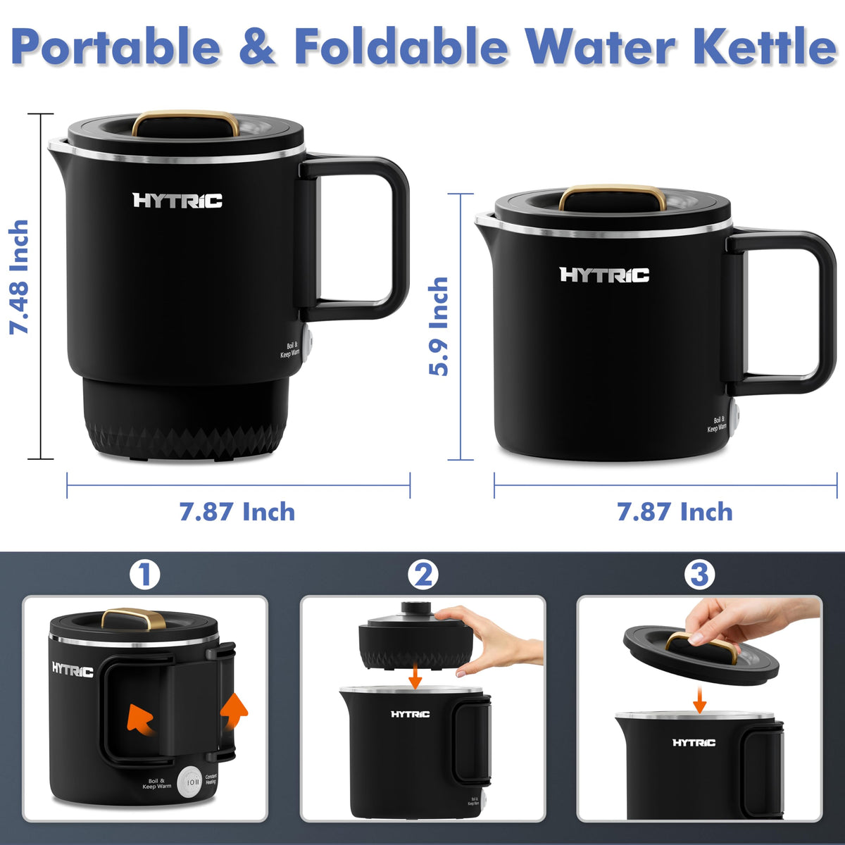 HYTRIC Travel Electric Kettle, 650ML Foldable Small Electric Kettle, Stainless Steel Portable Kettle with Dual Power Control, Collapsible Small Kettle Electric, Auto Shutoff & Boil Dry Protection