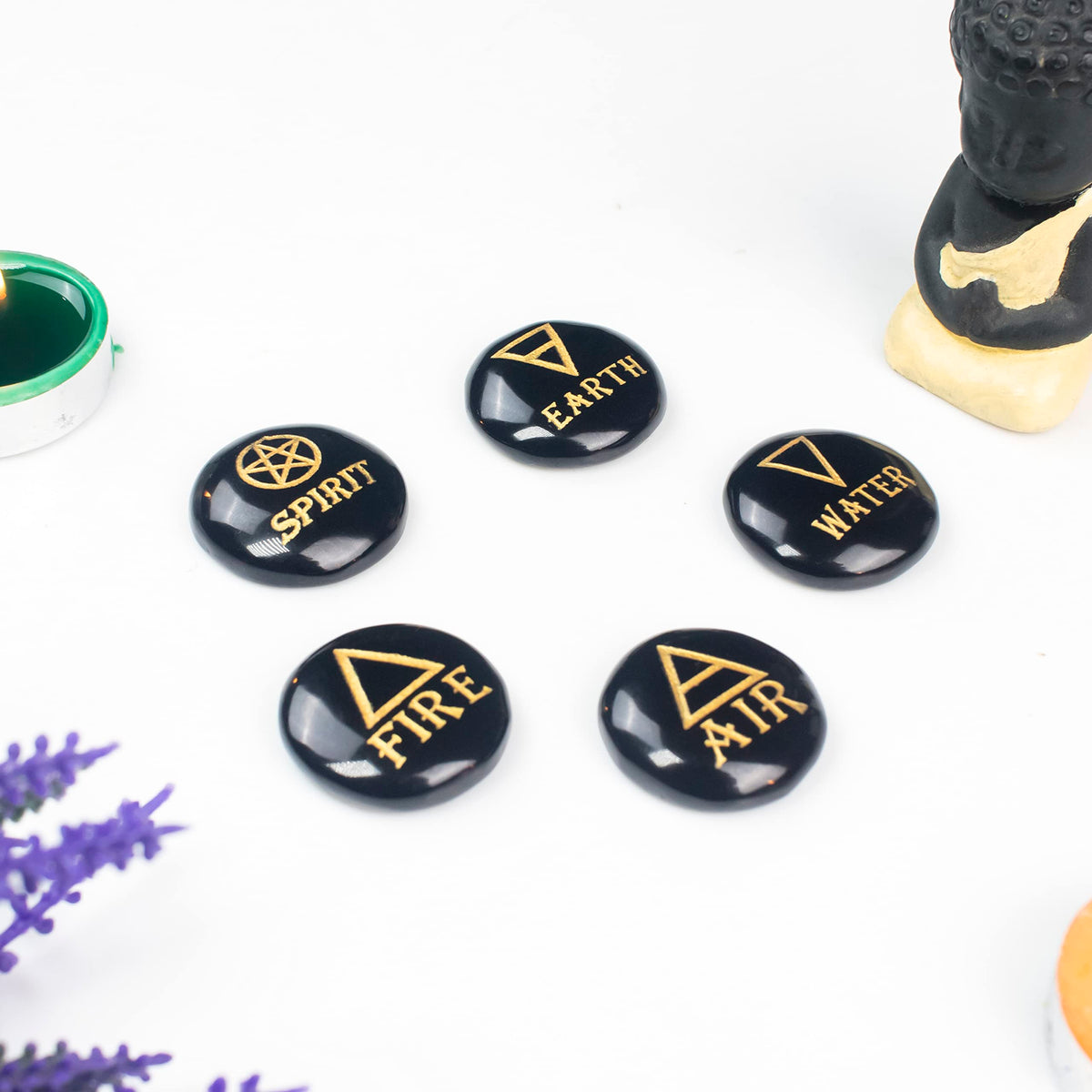 Crocon 5 Elements Black Tourmaline Stones Round Shape Engraved Triangle Symbols (Earth Air Fire Water Spirit) Polished Palm Stones Gemstone Reiki Crystals Healing Stones Meditation Divination Gifts