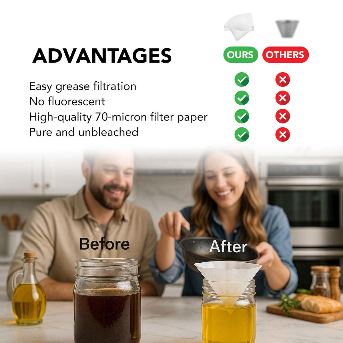 100 Filter Papers Premium Grease Container 10 Inch Spoon Oil Filter Kitchen Cooking Reusable Strainer Separator Holder Deep Fryer Paper Food Cones Maple Syrup Pot Frying Cone Tray Lid (2)