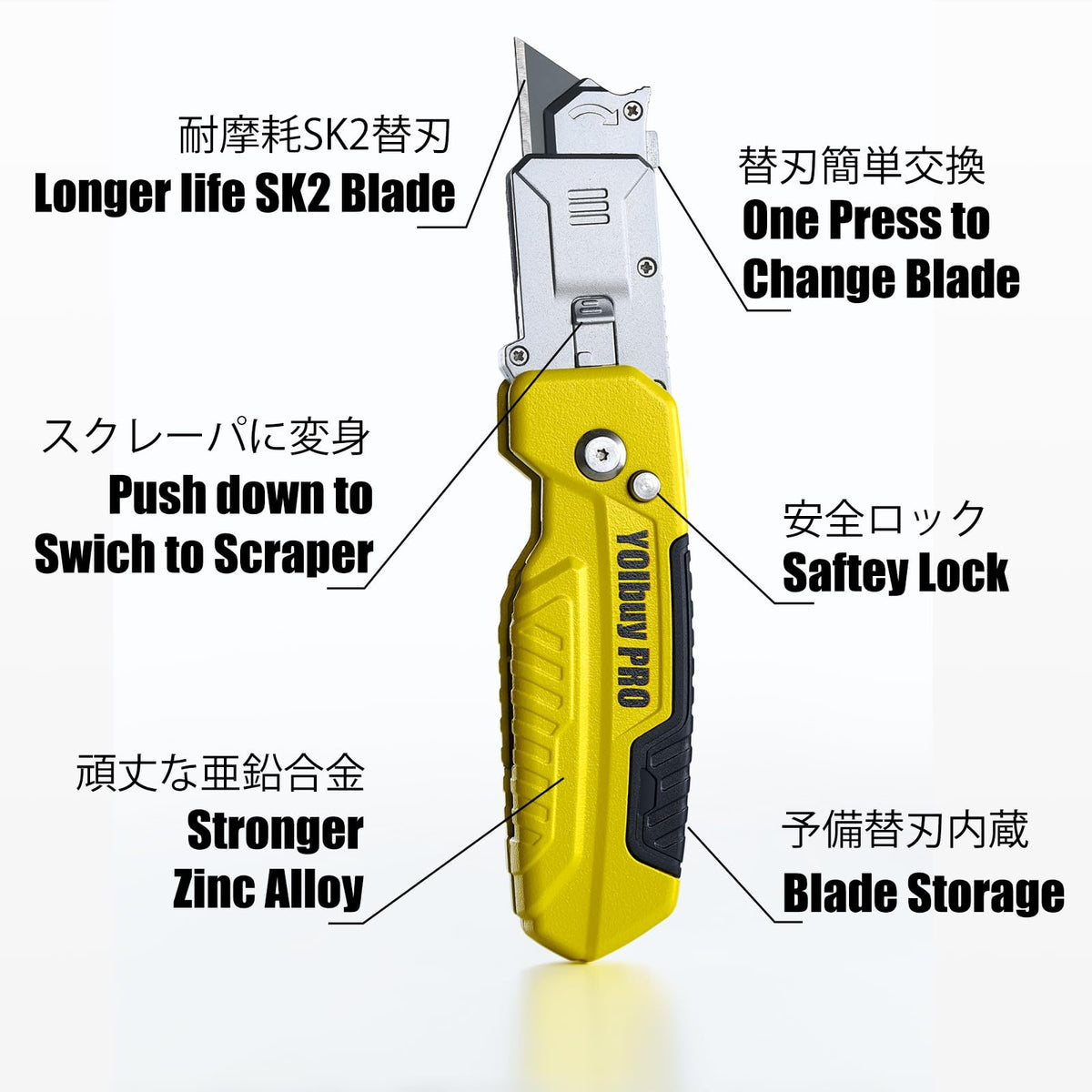 YOIbuy PRO Foldable Utility Knife with Scraper Function, Holds 2 Replacement Blades, Zinc Alloy Body, SK2 Replacement Blade