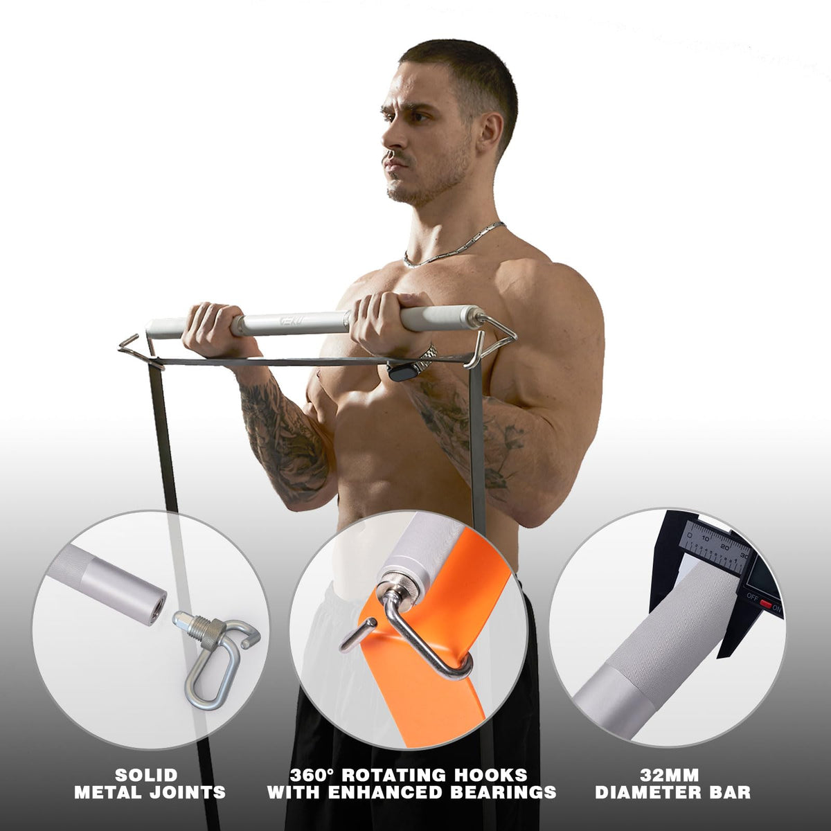 GEKU FIT Aluminum Resistance Band Bar, 3-Section Detachable Heavy Duty Workout Bar for Resistance Band Exercises, Strength Training, and Home Gym (Metal Bar-Enlarged Hooks)