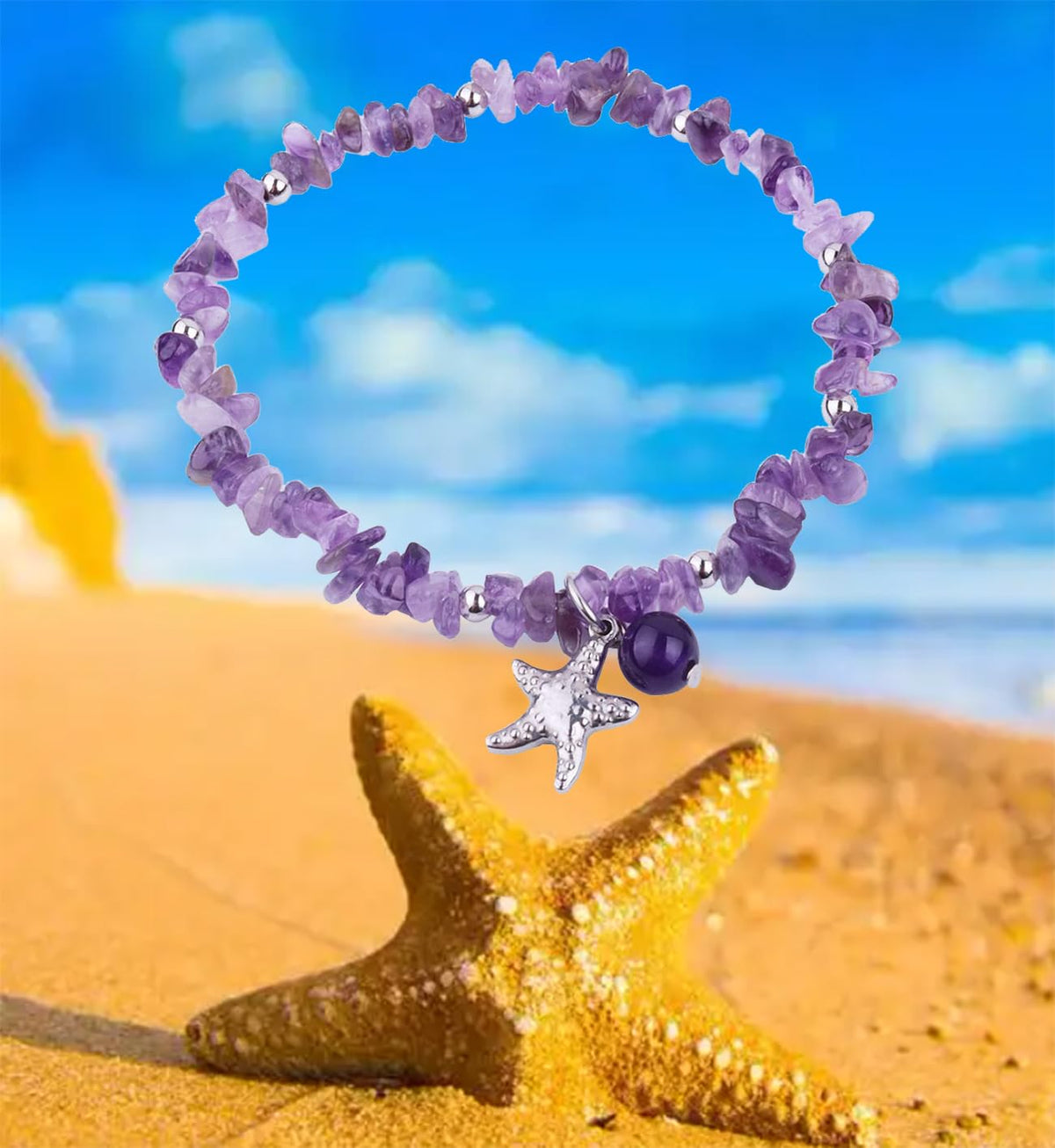AZFEIYA Healing Stone Amethyst Anklets Bracelets Handmade Boho Anklet Bracelet Summer Jewelry Starfish Anklets Chakra Beach Foot Jewelry Gift for Her (Amethyst)