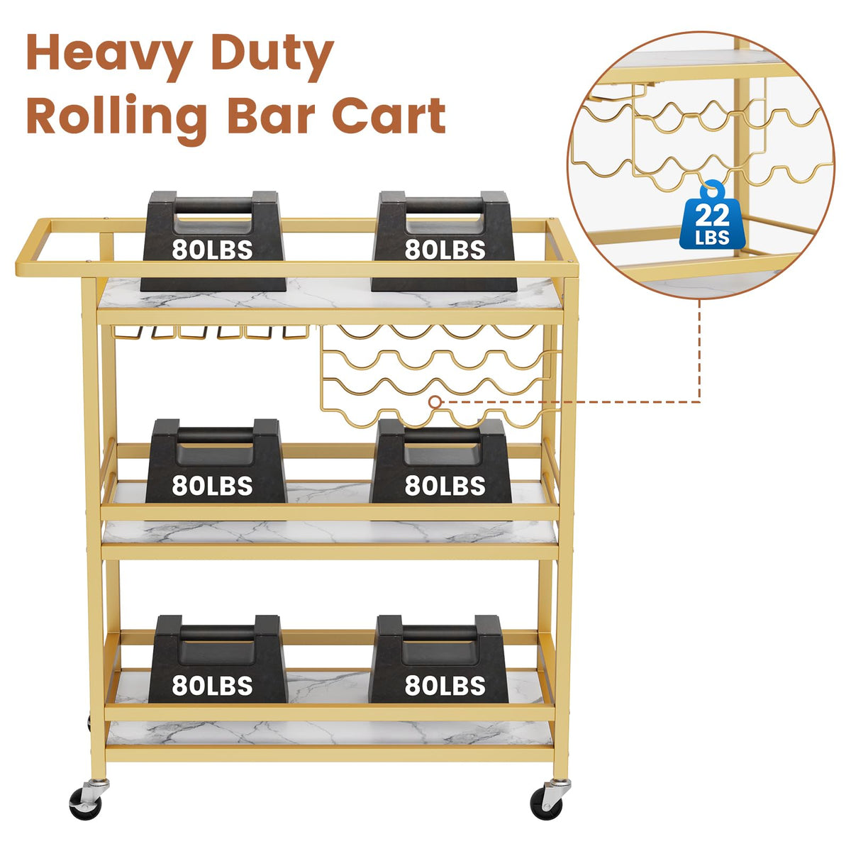 Leteuke Bar Cart for Home, 3 Tier Gold Serving Rolling Carts with Wheels, Drink Cart, Liquor Stand with Marbled Wooden Shelves, Wine Rack and Glass Holder for Kitchen, Dining Room