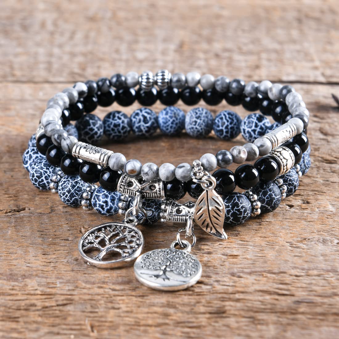 YGLINE Tree of Life Yoga Healing Stone Bracelets,Multilayer Lotus Chakra Stone Reiki Bracelet Sets,Anxiety Crystal Natural Stone,for Women Stress Relief (black wind fossilpicture jasper)