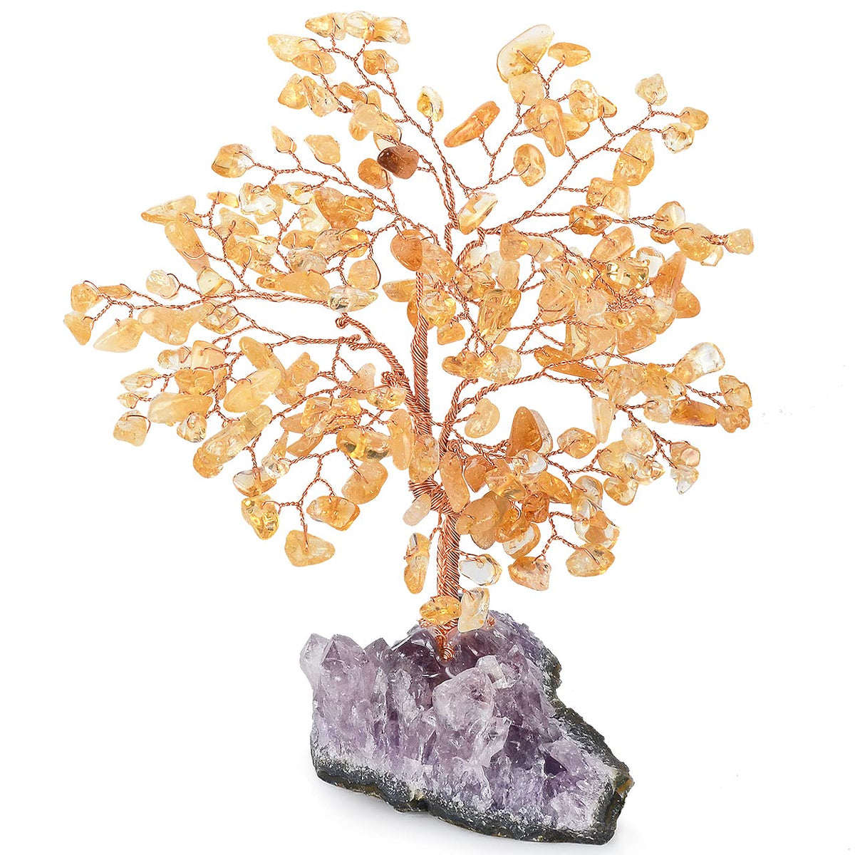 MASGEMES Natural Citrine Crystal Tree with Amethyst Geode Base,Healing Crystals Feng Shui Bonsai Money Tree,Chakra Balancing Positive Energy Home Decor 5.5"-6.3"